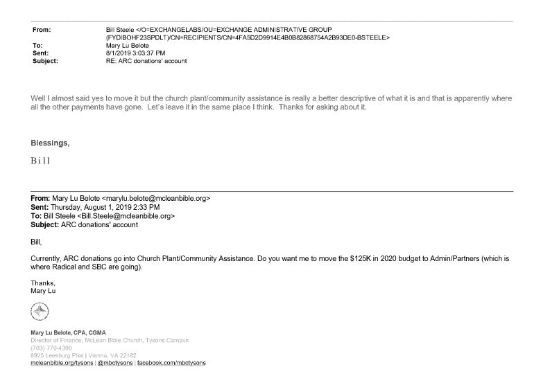Internal email where McLean Bible Church leaders discussed moving contributions to ARC around among budget line items.